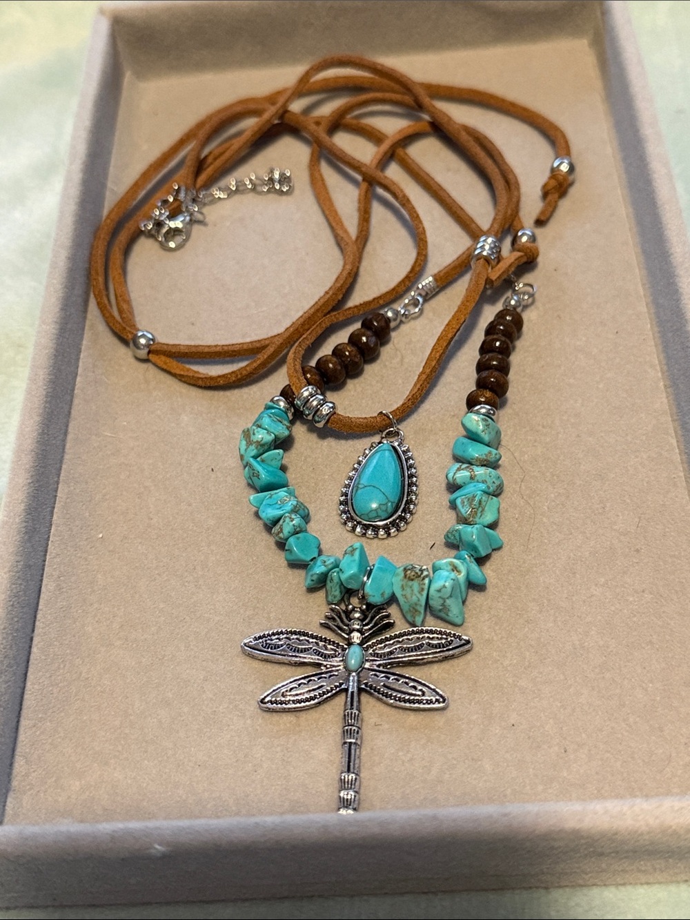 Turquoise Dragonfly Layered Necklace with Brown Suede Cord - Boho Women Jewelry